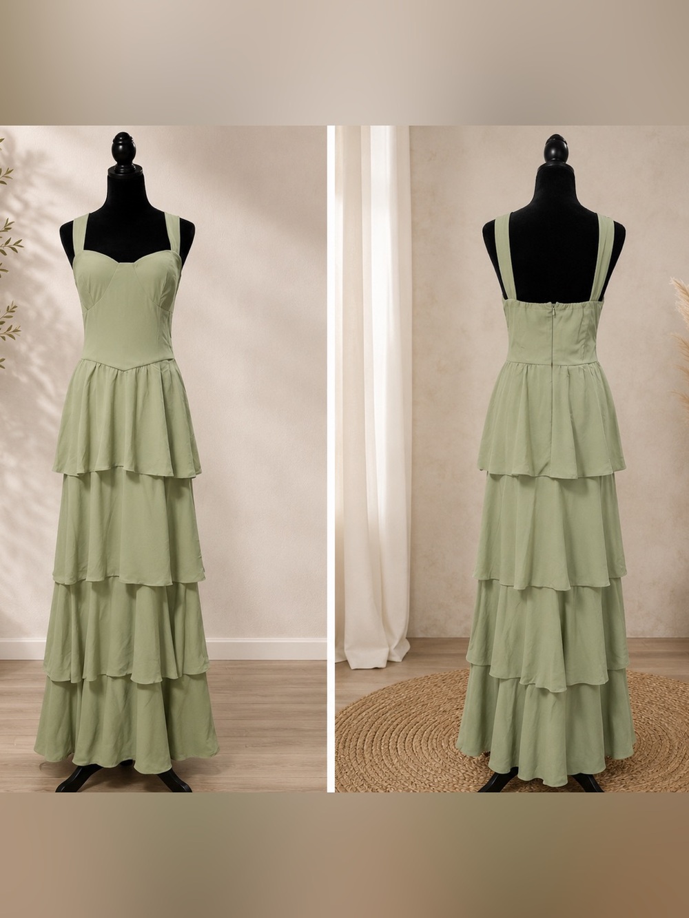 NWT Lulus Carlynda Sage Green Tiered Bustier Maxi Dress Wedding